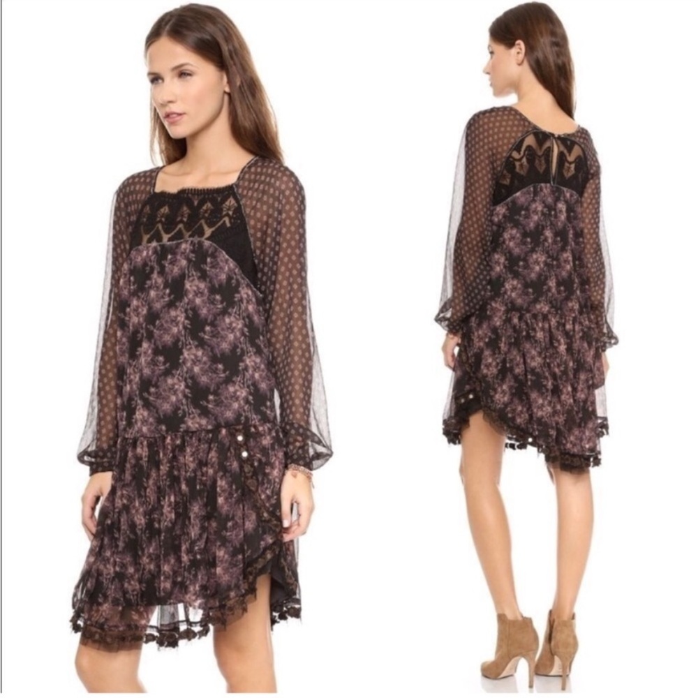 Free People Embroidered Lace Mesh Floral Drop Waist Tunic Dress